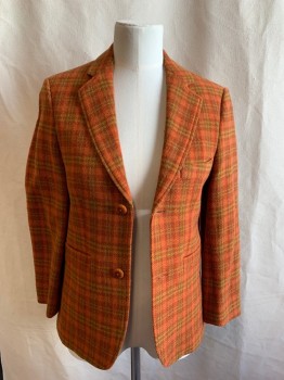Childrens, Suit Piece 1, MTO, Orange, Avocado Green, Dk Orange, Wool, Plaid, 7-8, Single Breasted, 2 Buttons, Notched Lapel, 3 Pockets, Double Vent