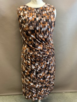Womens, Dress, Sleeveless, ZOZO, Brown, Terracotta Brown, Espresso Brown, White, Rayon, Spandex, Abstract , 1X, Paint Daubs/Brushstroke Pattern, Jersey, Round Neck,  Self Knotted Detail at Side Hip, Knee Length