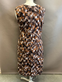 Womens, Dress, Sleeveless, ZOZO, Brown, Terracotta Brown, Espresso Brown, White, Rayon, Spandex, Abstract , 1X, Paint Daubs/Brushstroke Pattern, Jersey, Round Neck,  Self Knotted Detail at Side Hip, Knee Length