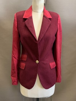 Womens, Blazer, LA VEER, Wine Red, Dk Red, Wool, Silk, Color Blocking, 6, Notched Lapel, 1 Button Closure, 3 Pockets, 3 Button Cuffs, 1 Back Vent