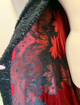 Womens, Cape 1890s-1910s, N/L MTO, Black, Red, Silk, Wool, Swirl , Size, No, Black Fuzzy Swirl Textured Fabric with Red Satin Lining, Black Intricate Lace Appliques on Lining, Caped Shoulders, Collar Attached, Open Front with 2 Hook & Eyes at Neck, Floor Length, Made To Order