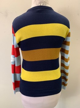 FENDI, Navy Blue, Yellow, Lt Brown, Red, Green, Cotton, Cashmere, Stripes - Horizontal , Stripes - Vertical , Crew Neck, Long Sleeves, Navy, Yellow, Red, Light Blue, & Light Brown Horizontal Stripes, Green & Navy Vertical Stripes, Long Sleeves, 1 Chest Pocket, "By the Way" on Left Front