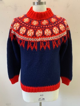 Mens, Sweater, HANDMADE IN DENMARK, Navy Blue, Red, Cream, Wool, Geometric, 40, Thick Hand Knit, Pullover, Ribbed Mock Neck, Long Sleeves,