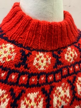 Mens, Sweater, HANDMADE IN DENMARK, Navy Blue, Red, Cream, Wool, Geometric, 40, Thick Hand Knit, Pullover, Ribbed Mock Neck, Long Sleeves,