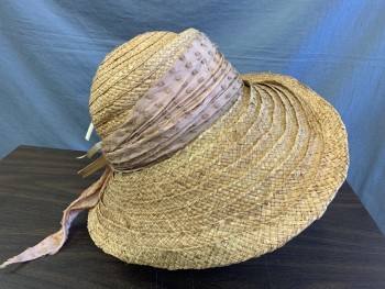 Womens, Historical Fiction Hat, MTO, Tan Brown, Dusty Pink, Straw, 7, 1800s, Made To Order, Pink 'Dotted Swiss' Hat Band with Straw Flower, Aged/Distressed, Dust Bowl, Sharecropper