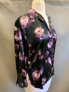 VINCE, Black, Purple, Lavender Purple, Silk, Floral, Roses Pattern Satin, Long Sleeves, Pullover, Collar Attached