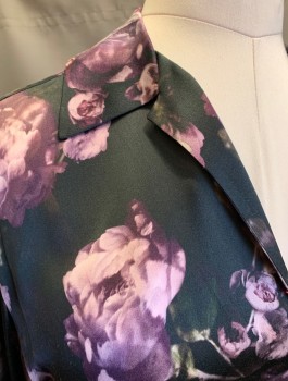 VINCE, Black, Purple, Lavender Purple, Silk, Floral, Roses Pattern Satin, Long Sleeves, Pullover, Collar Attached