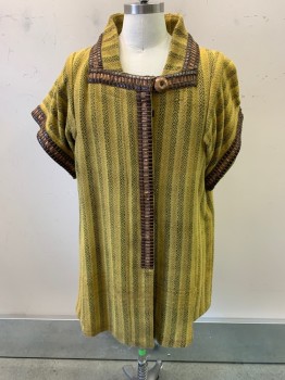 Mens, Historical Fiction Tunic, MTO, Mustard Yellow, Dijon Yellow, Olive Green, Wool, Diamonds, Stripes - Vertical , 42/44, Large Loose Weave Pattern Stripe, Square Neckline, Leather, Copper Strip & Cording Woven Trim, Velcro Front Closure, Leather Loop & Large Button, S/S, Hem Below Knee