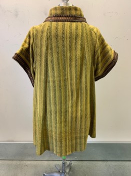 Mens, Historical Fiction Tunic, MTO, Mustard Yellow, Dijon Yellow, Olive Green, Wool, Diamonds, Stripes - Vertical , 42/44, Large Loose Weave Pattern Stripe, Square Neckline, Leather, Copper Strip & Cording Woven Trim, Velcro Front Closure, Leather Loop & Large Button, S/S, Hem Below Knee