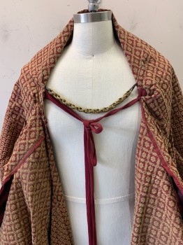 Mens, Historical Fiction Robe, MTO, Khaki Brown, Red Burgundy, Synthetic, Diamonds, Floral, OS, Swirl & Zig Zag Pattern at Back, All Over Embroidery, Tie Front, Chain Link Across Chest, Over Sized Sleeves, Hem Higher at Back
