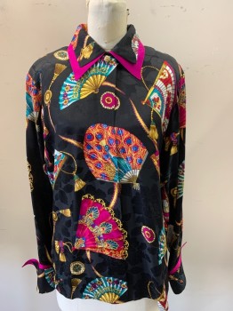 Womens, Blouse, N/L, Black, Fuchsia Pink, Teal Blue, Gold, Silk, Novelty Pattern, B38, Fan Print with Flowers and Peacocks and Tassels, L/S, Double Collar With Fuchsia Layer