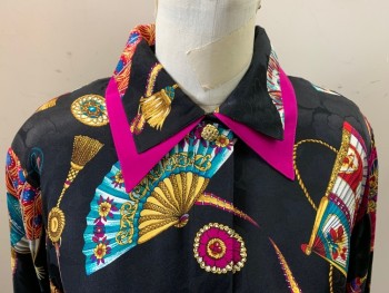 Womens, Blouse, N/L, Black, Fuchsia Pink, Teal Blue, Gold, Silk, Novelty Pattern, B38, Fan Print with Flowers and Peacocks and Tassels, L/S, Double Collar With Fuchsia Layer