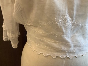 Womens, Blouse 1890s-1910s, N/L, White, Cotton, Solid, W 28, B 36, V-neck, Collar Attached with Lace Trim, Elastic Waist, Vertical Pintuck Pleat Sections, 3/4 Sleeves with Ruffle Trim, Swiss Dot Waistband with Faggotting and Floral Embroidery, Square Scallopped Embroidered Hem, Self Attached Back Waist Tie, Hook & Eye Front Waist Belt, Side Seam Slits, *Holes in Front Waistband and Back Near Side Seam, Very Light Pink Stain Center Front Under V-neck*