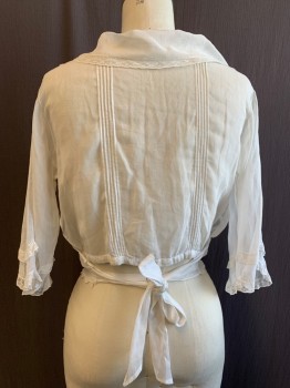 Womens, Blouse 1890s-1910s, N/L, White, Cotton, Solid, W 28, B 36, V-neck, Collar Attached with Lace Trim, Elastic Waist, Vertical Pintuck Pleat Sections, 3/4 Sleeves with Ruffle Trim, Swiss Dot Waistband with Faggotting and Floral Embroidery, Square Scallopped Embroidered Hem, Self Attached Back Waist Tie, Hook & Eye Front Waist Belt, Side Seam Slits, *Holes in Front Waistband and Back Near Side Seam, Very Light Pink Stain Center Front Under V-neck*