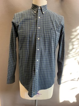 Ralph Lauren, Olive Green, Navy Blue, Yellow, Cotton, Plaid-  Windowpane, Button Down Collar, Long Sleeves, Button Front