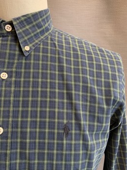 Ralph Lauren, Olive Green, Navy Blue, Yellow, Cotton, Plaid-  Windowpane, Button Down Collar, Long Sleeves, Button Front