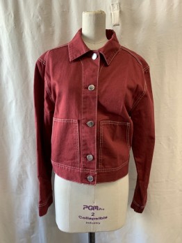 Womens, Casual Jacket, DIVIDED, Red Burgundy, Cotton, Solid, S, Collar Attached, Single Breasted, Button Front, 2 Pockets, Long Sleeves, White Stitching