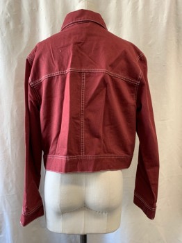 DIVIDED, Red Burgundy, Cotton, Solid, Collar Attached, Single Breasted, Button Front, 2 Pockets, Long Sleeves, White Stitching