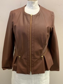 Womens, Casual Jacket, INC, Brown, Faux Leather, Polyester, Solid, 1X, Zip Front, Gold Zippers, 2 Pockets, 2 Pleats on Front & 2 Pleats on Back Created Peplum Look on Waist