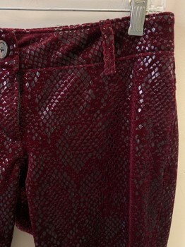Womens, Sci-Fi/Fantasy Piece 2, MTO, Maroon Red, Black, Polyester, Synthetic, Reptile/Snakeskin, W30, Pants, Zip Fly, Belt Loops