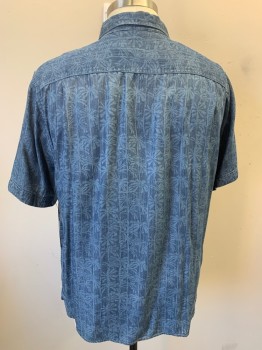 TOMMY BAHAMA, Lt Blue, Indigo Blue, Tencel, Tropical , Heathered, Palm Tree Pattern, Short Sleeves, Button Front, Collar Attached,