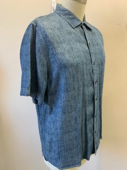 TOMMY BAHAMA, Lt Blue, Indigo Blue, Tencel, Tropical , Heathered, Palm Tree Pattern, Short Sleeves, Button Front, Collar Attached,