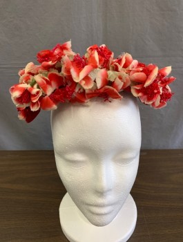 Womens, Hat, SAKS FIFTH AVE, Cherry Red, Olive Green, Cream, Silk, Mesh Disc with Contrasting Red Velvet Edge, Covered in Silk Flowers, in Fair Condition - Flowers are a Bit Worn