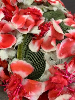 Womens, Hat, SAKS FIFTH AVE, Cherry Red, Olive Green, Cream, Silk, Mesh Disc with Contrasting Red Velvet Edge, Covered in Silk Flowers, in Fair Condition - Flowers are a Bit Worn
