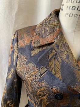 DRIES VAN NOTEN, Copper Metallic, Olive Green, Brown, Black, Silk, Floral, Jacquard, Double Breasted, Collar Attached, Notched Lapel, Long Sleeves, Button Tab Back Belt Woven Through Belt Loops