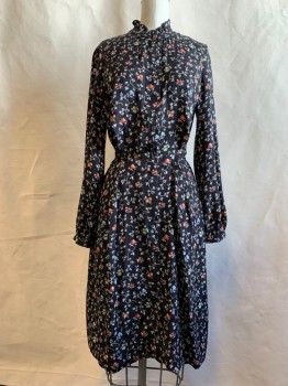 REBECCA TAYLOR, Black, White, Orange, Yellow, Silk, Floral, Button Front, Band Collar with Ruffle, Pleated Skirt, Self Tie Attached at Front Waist for Wrap Around to Back, Long Sleeves, Gathered at Button Cuff, Elastic Back Waist