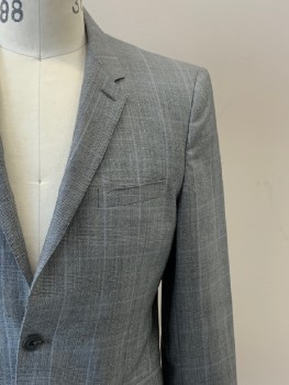 BURBERRY, Gray, Black, Blue, Wool, Glen Plaid, L/S, 2 Buttons, Single Breasted, Notched Lapel, 3 Pockets,
