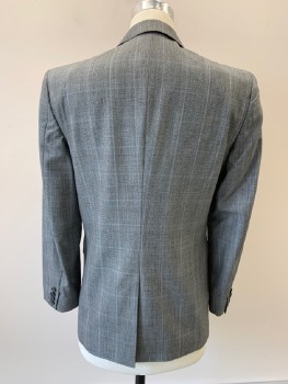 BURBERRY, Gray, Black, Blue, Wool, Glen Plaid, L/S, 2 Buttons, Single Breasted, Notched Lapel, 3 Pockets,