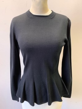 RALPH LAUREN, Black, Silk, Nylon, Solid, Knit, Long Sleeves, Round Neck, Fitted with Slight Flare Below Waist