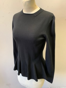 RALPH LAUREN, Black, Silk, Nylon, Solid, Knit, Long Sleeves, Round Neck, Fitted with Slight Flare Below Waist