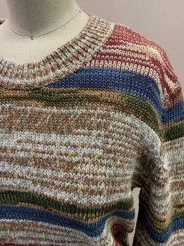 VERONICA BEARD, Tan Brown, Olive Green, Maroon Red, Blue, Multi-color, Cotton, Synthetic, Stripes, CN, L/S, Chunky Knit, Shoulder Buttons, Medallion Silver Buttons