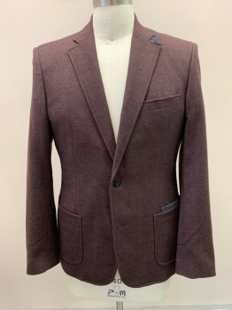 VIVELLA, Maroon Red, Wool, Tweed, Single Breasted, Notched Lapel, 2 Buttons,  3 Pockets 2 Patch 1 with Pocket In Pocket Detail, Leather Tab At Top Collar