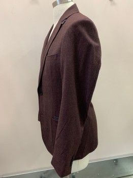 VIVELLA, Maroon Red, Wool, Tweed, Single Breasted, Notched Lapel, 2 Buttons,  3 Pockets 2 Patch 1 with Pocket In Pocket Detail, Leather Tab At Top Collar