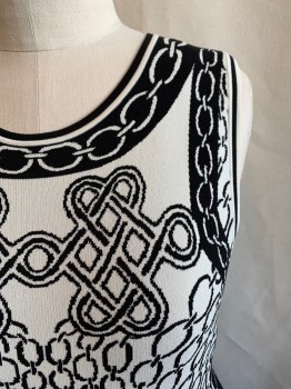 DVF, Black, White, Rayon, Polyester, Novelty Pattern, Sleeveless, Round Neck, Chain/link Print