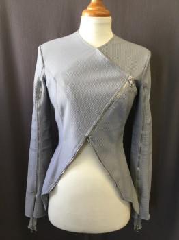 Womens, Sci-Fi/Fantasy Piece 1, BILL HARGATE, Gray, Silver, Spandex, Rubber, Geometric, 26W, 34B, 37H, Long Sleeves, Asymmetrical Zip Front, High Crew Neck, Cutaway, Zips From Armpits to Wrists, 4 Way Stretch
