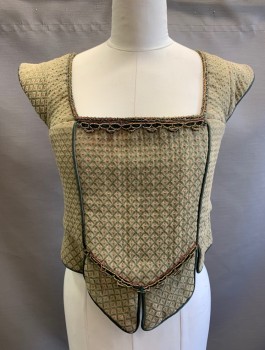 Womens, Historical Fiction Bodice, N/L, Sage Green, Taupe, Forest Green, Cotton, Diamonds, Dots, W:37, B:40, Brocade, Cap Sleeve, Square Neck with Beaded and Embroidered Detail at Edge, Forest Green Piping, Tabs at Waist/Hem, Boned Structure, Faux Lace Up Back with Hidden Zipper and Snaps, Theatrical Made To Order Reproduction 1500's **Stain at Front