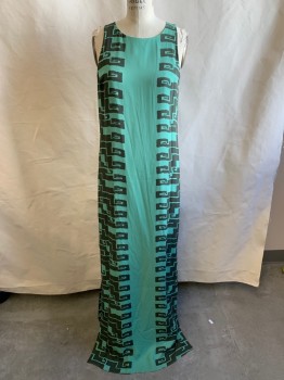 KELLY WEARSTLER, Mint Green, Olive Green, Silk, Abstract , Labyrinth Pattern, Round Neck, Maxi, Key Hole Back