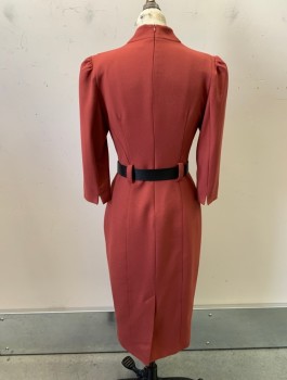 KAREN MILLEN, Brick Red, Polyester, Viscose, Solid, Crepe, 3/4 Sleeves, V-Neck with Inverted "Notched Lapel" Detail, Stand Collar, Fitted, Hem Below Knee, Belt Loops, **Comes with Matching Black Pleather Belt