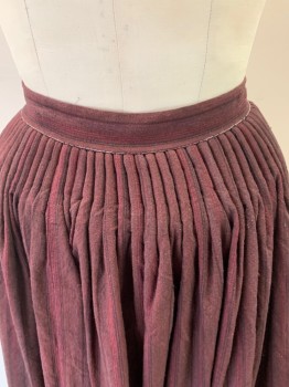 Womens, Historical Fiction Skirt, NL, Red Burgundy, Black, Wool, Stripes - Vertical , W 27, XS/S, Waistband, Pleated at Waist, Hook & Eye Back, Snap Back, A-Line, Floor Length Hem, Visible Hem of Underskirt