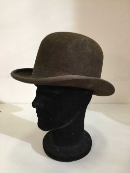 Mens, Bowler Hat 1890s-1910s, PIERONI BRUNO, Tobacco Brown, Wool, Rayon, Solid, 23, 7 3/8, 58.2cm, Heavy Sized  Period Bowler with Grosgrain Hat Band & Brim Trim
