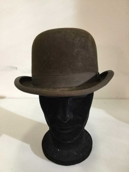 Mens, Bowler Hat 1890s-1910s, PIERONI BRUNO, Tobacco Brown, Wool, Rayon, Solid, 23, 7 3/8, 58.2cm, Heavy Sized  Period Bowler with Grosgrain Hat Band & Brim Trim