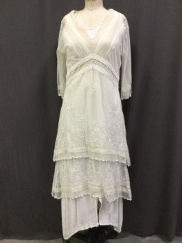 NA TA YA, Cream, Rayon, Polyester, Solid, Floral, Lined, Tulle with Tucks and Lace Inserts, V-neck, 3/4 Sleeves, Multi Layered Skirt, Doubled Lace the Longest Tier is the Slip, Turn of the Century Look