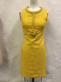 TORY BURCH, Goldenrod Yellow, Cotton, Ramie, Solid, Round Neck,  Zip Back, Sleeveless, Sheath, Chunky Braid Trim at Neck Edge and Down Center Front, with Trim Flower, Coarse Woven Slubbed Fabric