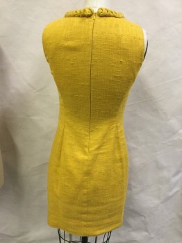 TORY BURCH, Goldenrod Yellow, Cotton, Ramie, Solid, Round Neck,  Zip Back, Sleeveless, Sheath, Chunky Braid Trim at Neck Edge and Down Center Front, with Trim Flower, Coarse Woven Slubbed Fabric