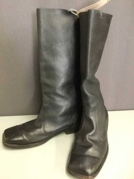 Mens, Historical Fiction Boots , MTO, Black, Leather, Solid, 9, Knee High, Square Toe, Pull On, Low Stack Heel