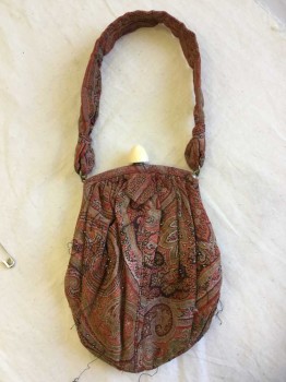Womens, Purse 1890s-1910s, Red, Multi-color, Wool, Beaded, Paisley/Swirls, Tapestry Look, Scatterred Beading A Lot Is Missing, Covered Hinged Metal Hardware, Cream Plastic Clasp,